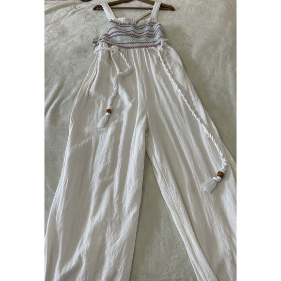 Free People Womens Medium Smocked Jumpsuit Boho Jogger Tie Waist Strappy Relaxed - Picture 3 of 14